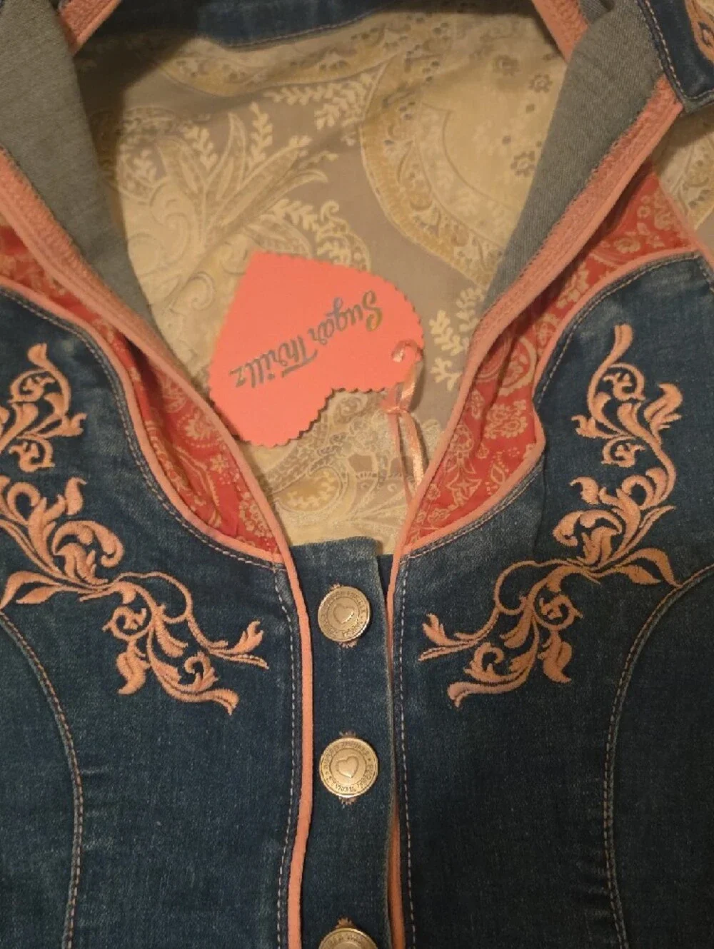 Dolls Kill Denim Romper with Pink Embroidery - Picture 3 of 4